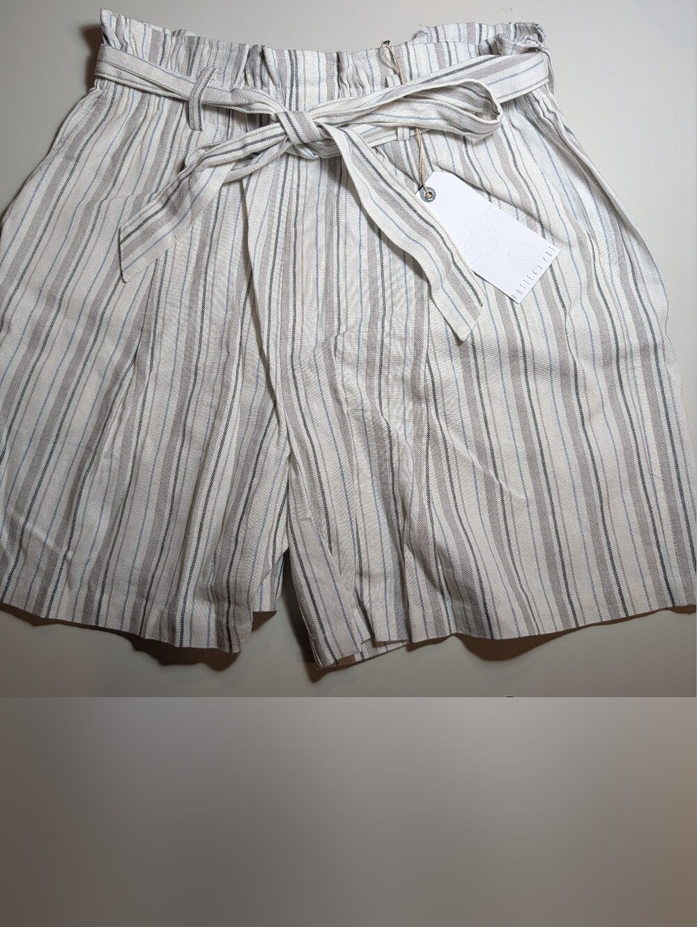 Potter Pots Striped Paperbag Waist Women's L Linen Blend Shorts - White/Gray NWT